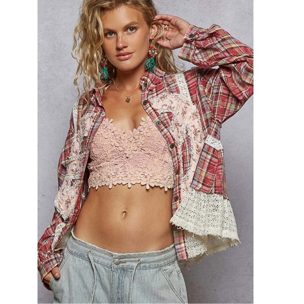 NEW - POL Multiple Shades of Pink Plaid Peace & Lace Patchwork Top